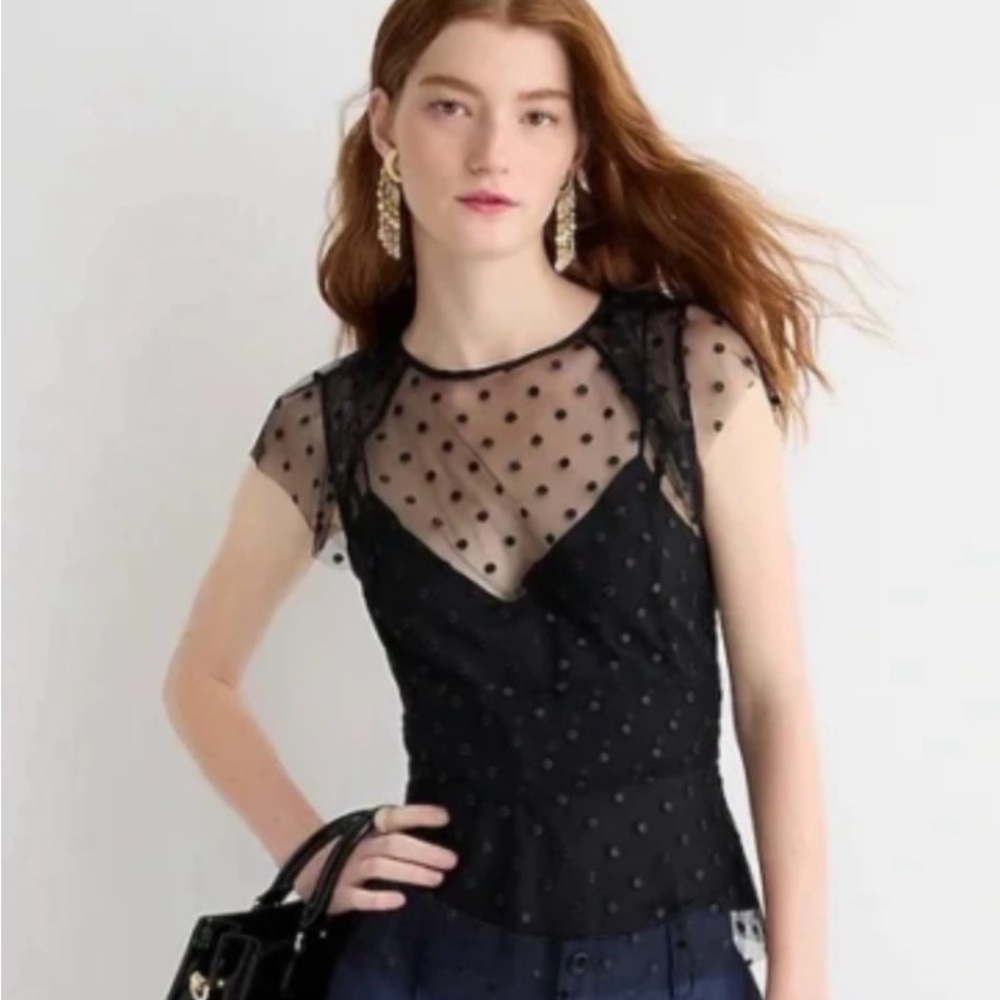 J. Crew Black Cap-sleeve peplum top in dotted tulle